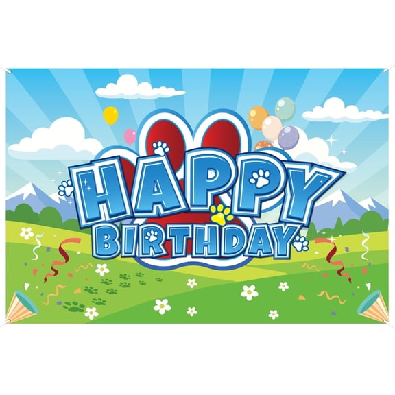 Cartoon Paw Print Birthday Backdrop Polyester Background Happy Birthday Backdrop Poster for Cartoon Dog Theme Party Boys Girls Baby Shower Supplies Decorations