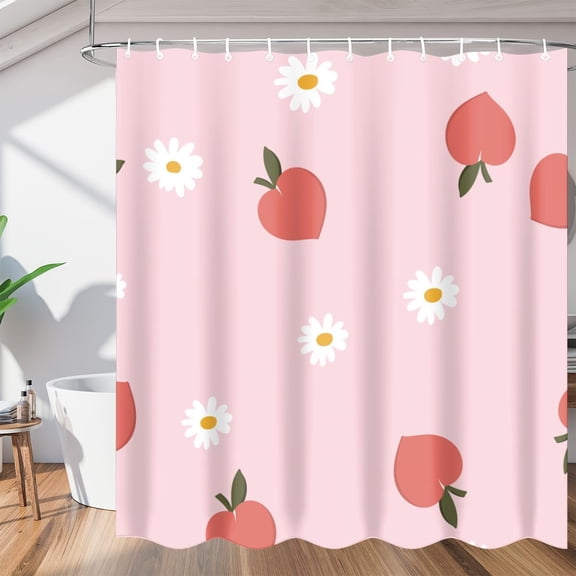 Cartoon Peach Chrysanthemum Shower Curtain Fabric Shower Curtain Set with 12 Hooks Waterproof 72 * 72 Inches for Bathroom Beach Caravan Hotel