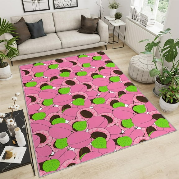 Cartoon Peach Rugs, Sweet Fruit Cute Bright Fresh Peachy Pink Art Design Pattern Washable Rug, Soft Comfy Short Pile Non-Shedding Non Slip Rug For Girls Bedroom Decor Mats 5x6ft