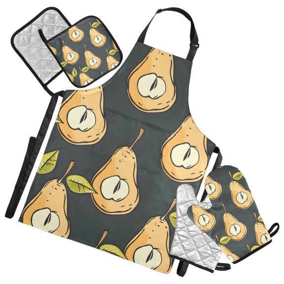 Cartoon Pears with Leaves Apron Set with Oven Mitts Pot Holders Set of 5 Kitchen Stuff Accessories