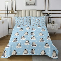 Cartoon Penguin Bedspread Set Twin Size, Cute Animals Winter Quilt Set For Bedroom, Kawaii Snowflakes Print Bedroom Decor Coverlet Set, Blue Snow Cozy Bedding Set