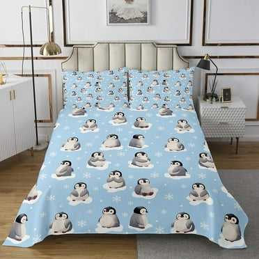 Cartoon Penguin Bedspread Set Twin Size, Cute Animals Winter Quilt Set For Bedroom, Kawaii Snowflakes Print Bedroom Decor Coverlet Set, Blue Snow Cozy Bedding Set