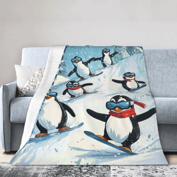Cartoon Penguin Blanket Snowboarding Winter Snow Mountains Soft Plush For Bed Couch Throw Blanket 50x40