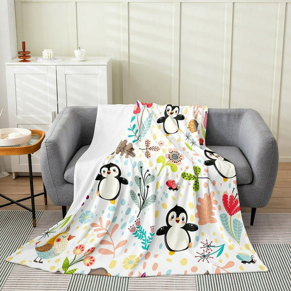 Cartoon Penguin Blanket Throw 50x60,Kawaii Animals Flowers Warm Throw Blanket,Cute Florals Printed Fleece Blanket For Sofa Bed,Black White Winter Luxury Soft Fuzzy Blanket