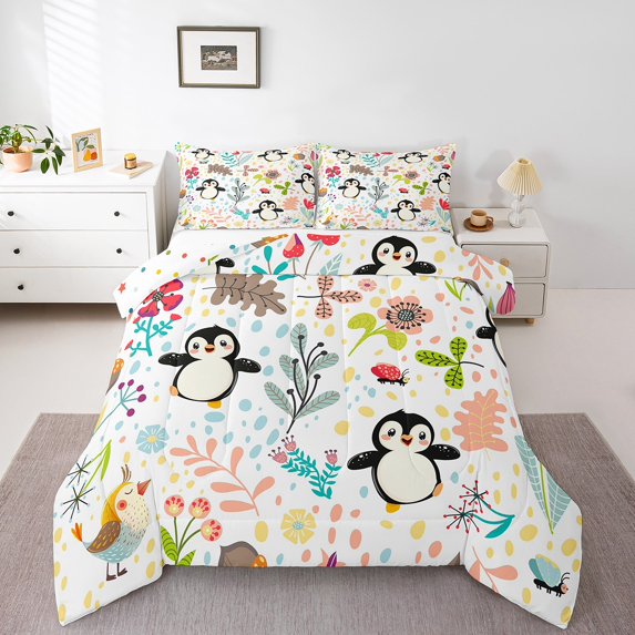 Cartoon Penguin Comforter Set Cute Penguin Bedding Set,Kawaii Floral Antarctic Animal Quilt Comforter Woodland Leaf Flowers Butterfly Bed Duvet Set 1 Pillow Case
