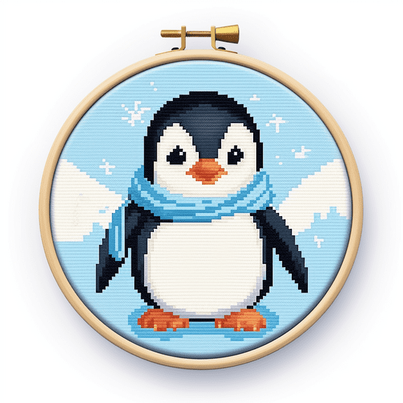 Cartoon Penguin DIY Stamped Cross Stitch Kits for Beginners Easy with Hoop 11CT Needlepoint Embroidery Counted Cross Stitch Kits Art Craft Wall Decoration 30x30cm(4)