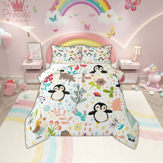 Cartoon Penguin Comforter Set King Cute Penguin Bedding Set,Kawaii Floral Antarctic Animal Quilt Comforter Woodland Leaf Flowers Butterfly Bed Duvet Set 2 Pillow Cases