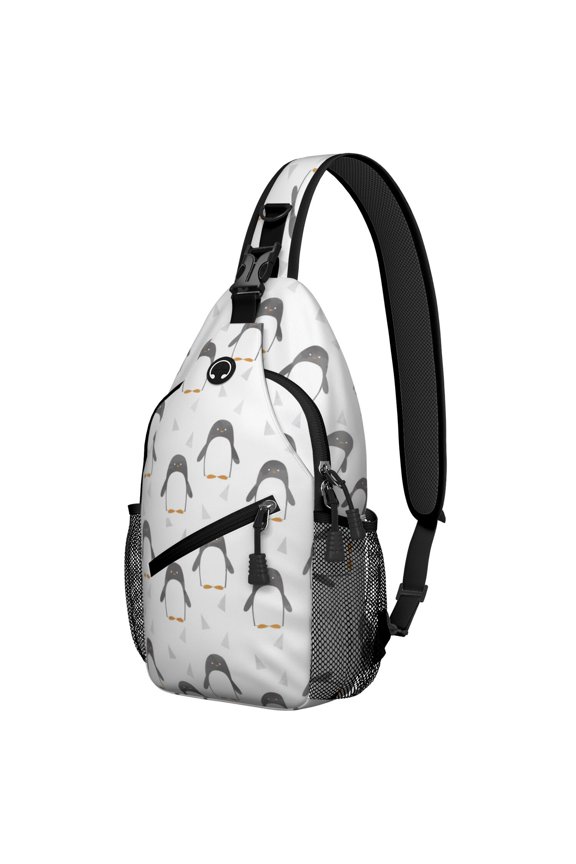 Cartoon Penguin Sling Backpack, Emperor Penguin Snow Pattern Crossbody Bag, Cute Winter Animal Print for Outdoor Enthusiasts and Travelers