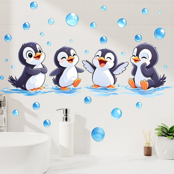 Cartoon Penguin and Bubble Wall Decals for Bathroom Kids Room Sticker Decoration Removable Peel and Stick 28x16 Inch
