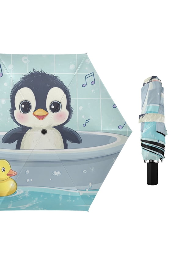 Cartoon Penguin in Bathtub All Weather Umbrella Triple Folding Parasol 6 Ribs UV Protection Portable