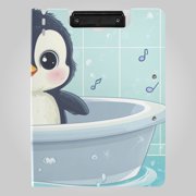 Cartoon Penguin in Bathtub Foldable Binder Folder Clipboard with Pen Slot Double Clips A4 Size File Storage