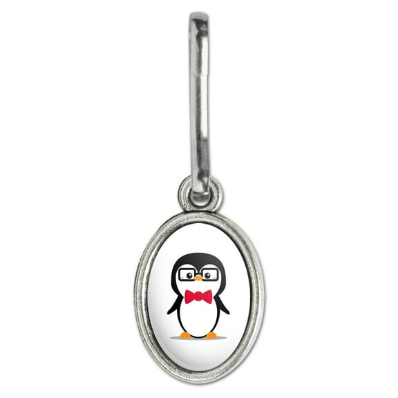 Cartoon Penguin with Bow Tie and Glasses Antiqued Oval Charm Clothes Purse Suitcase Backpack Zipper Pull Aid