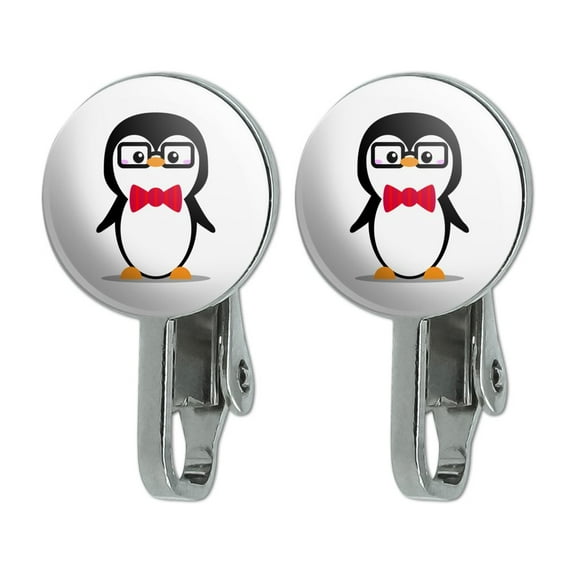 Cartoon Penguin with Bow Tie and Glasses Novelty Clip-On Stud Earrings