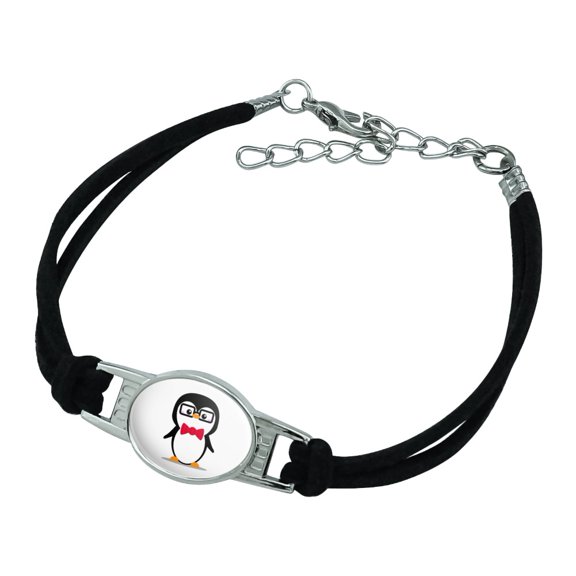 Cartoon Penguin with Bow Tie and Glasses Novelty Suede Leather Metal Bracelet