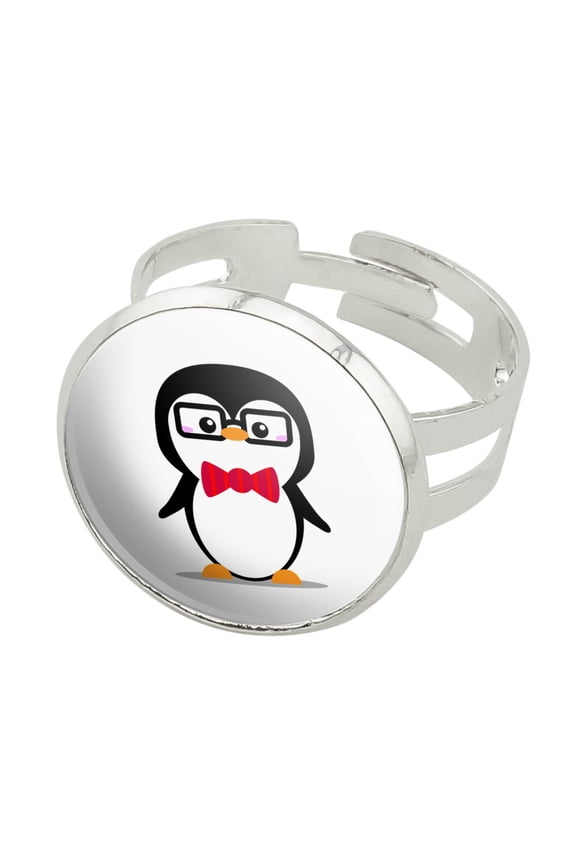 Cartoon Penguin with Bow Tie and Glasses Silver Plated Adjustable Novelty Ring