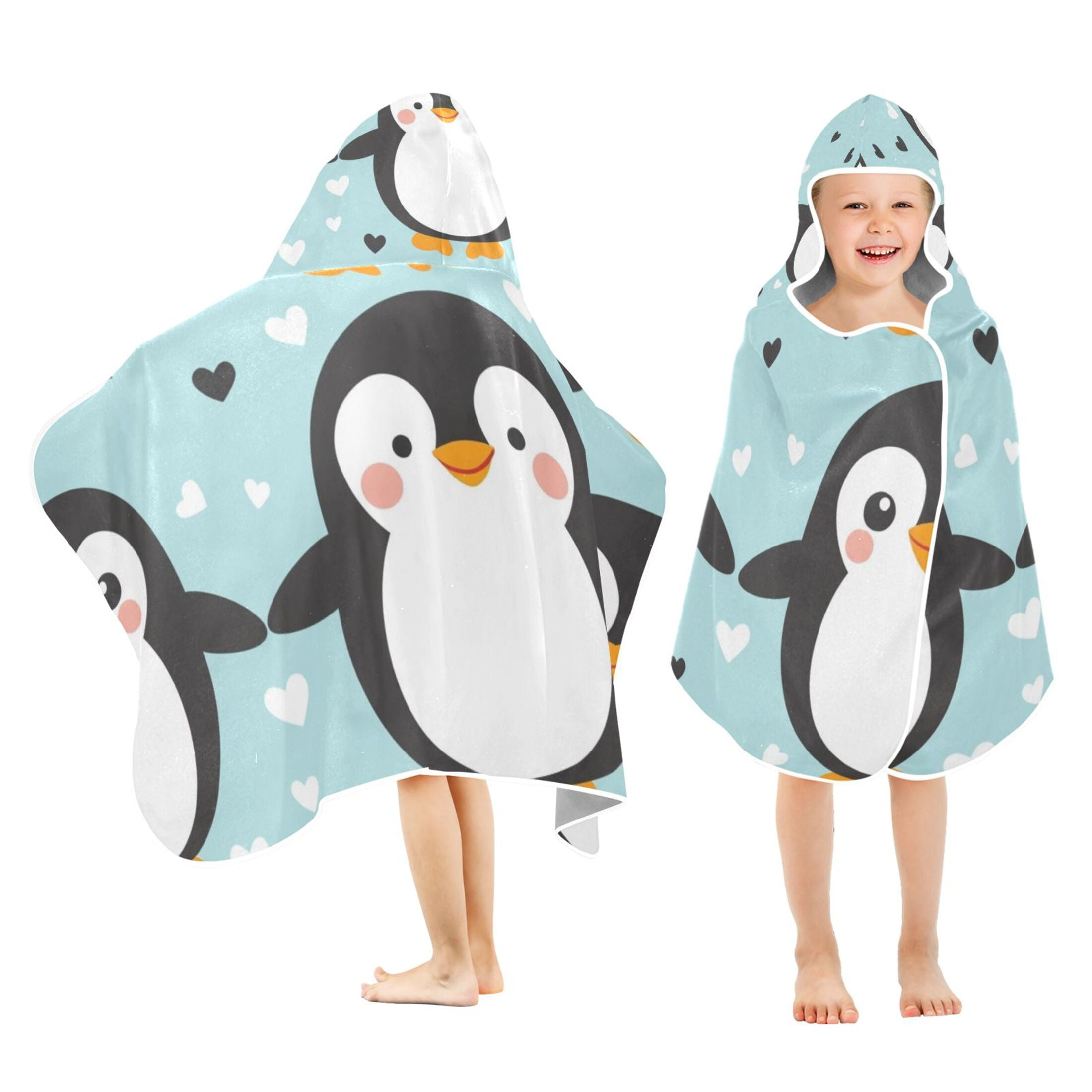 Cartoon Penguin with Hearts Toddler Hooded Beach Towel 24