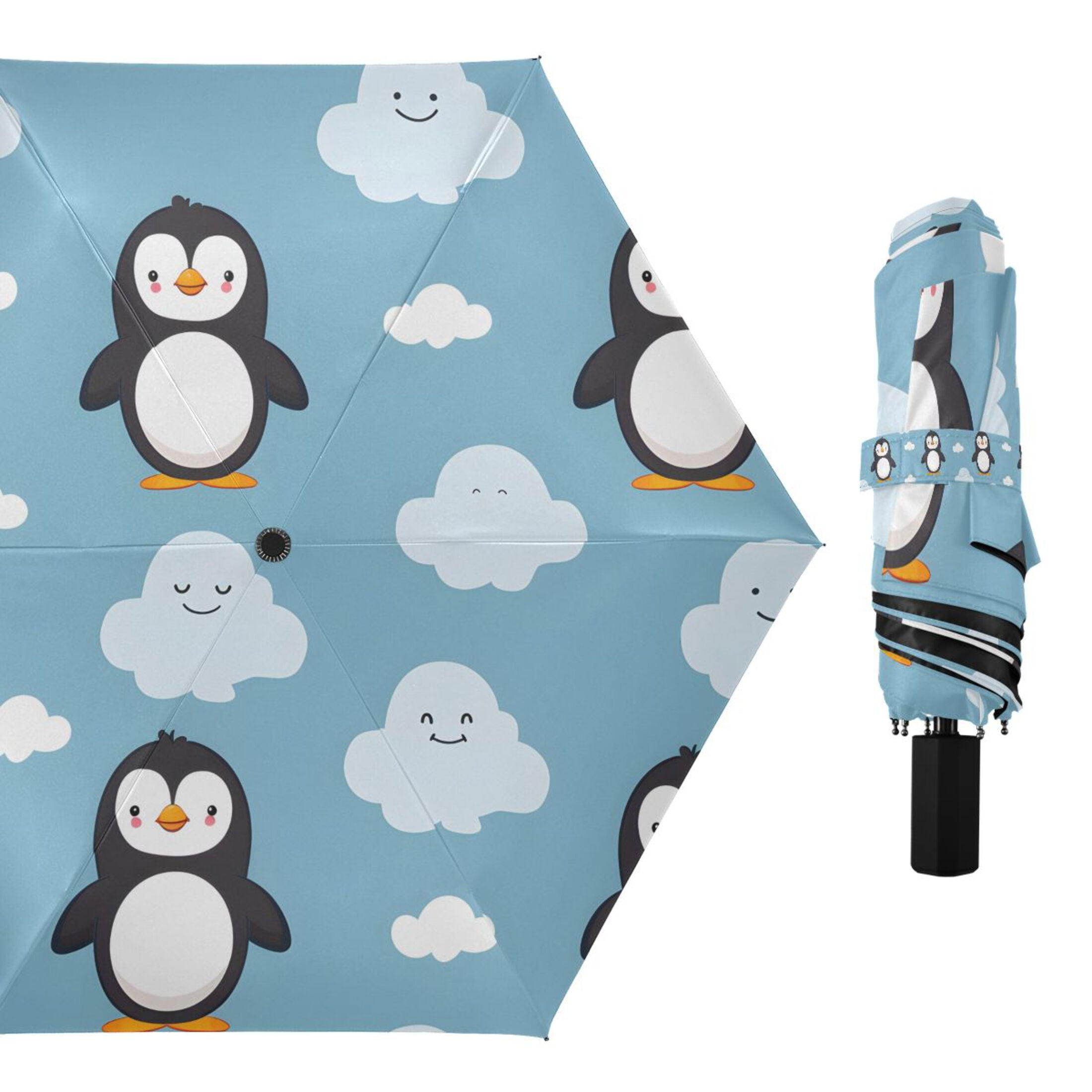 Cartoon Penguins and Cloud Compact Sun Umbrella Windproof Travel Umbrellas for Rain Strong Portable UV Protection