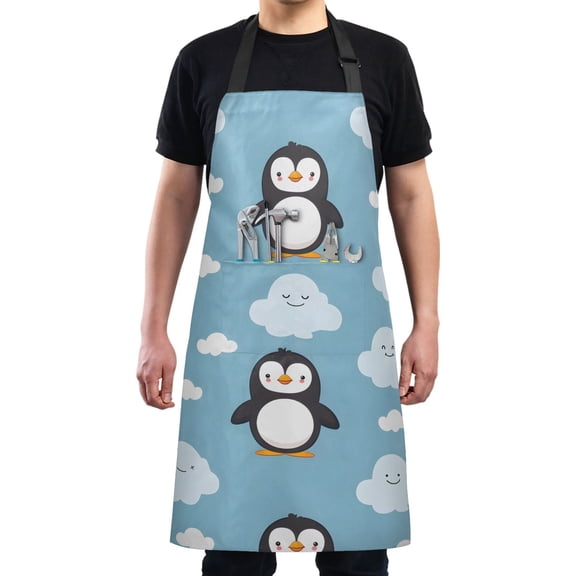 Cartoon Penguins and Cloud Kitchen Apron with 2 Pockets Adjustable waterproof Cooking Aprons for Women Men Chef