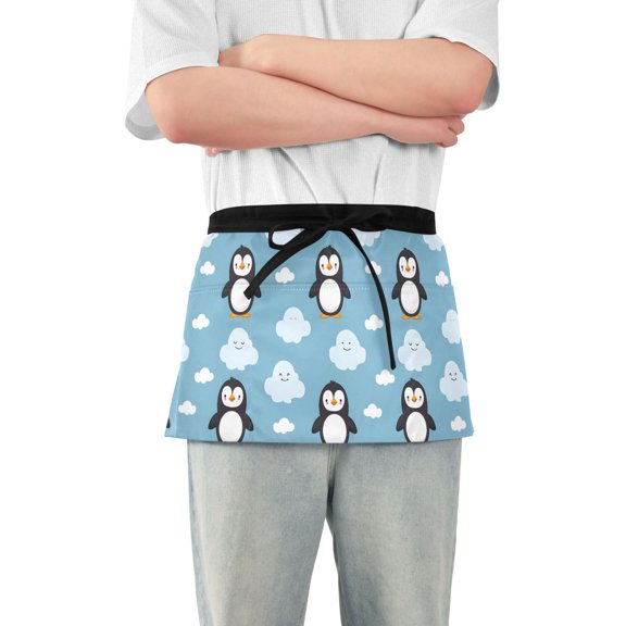Cartoon Penguins and Cloud Server Apron with 3 Pockets Waterproof Waitress Waist Short Apron for Man Woman 12 Inches