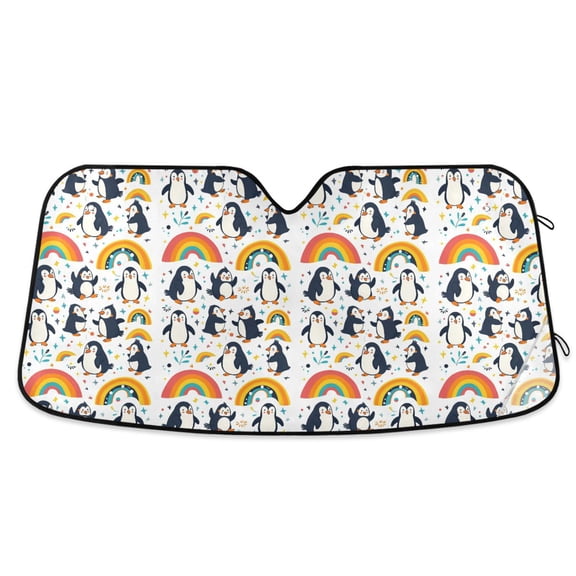 Cartoon Penguins and Rainbow Car Windshield Sun Shade Foldable Car Front Window Visor Heat and UV Protection 53x23.5