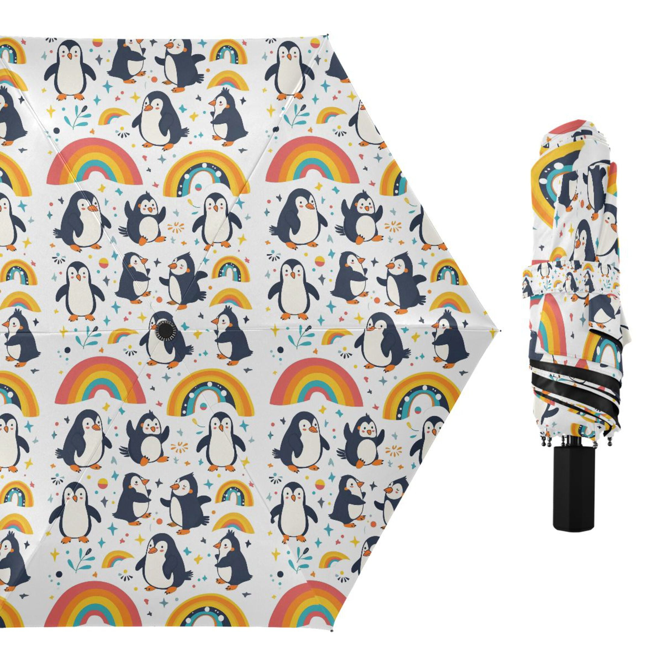 Cartoon Penguins and Rainbow Compact Sun Umbrella Windproof Travel Umbrellas for Rain Strong Portable UV Protection