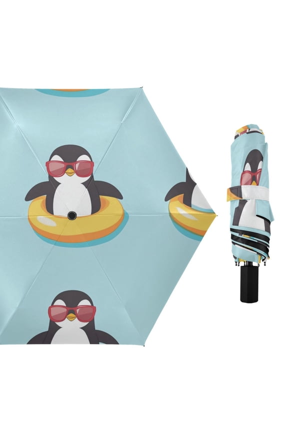 Cartoon Penguins in Swim Circles All Weather Umbrella Triple Folding Parasol 6 Ribs UV Protection Portable