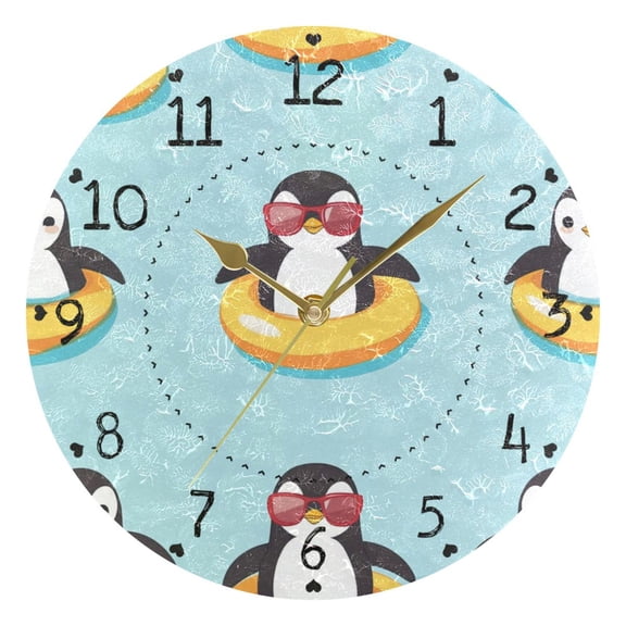 Cartoon Penguins in Swim Circles Round Wall Clock Silent Analog Battery Operated Gold Pointer Home Decor 9.84" Diameter