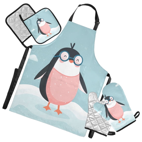 Cartoon Penguins with Swimming Suit Apron Set with Oven Mitts Pot Holders Set of 5 Kitchen Stuff Accessories