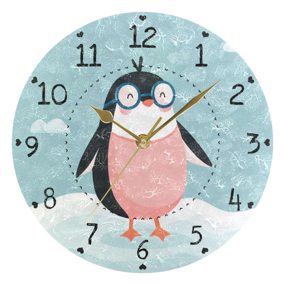 Cartoon Penguins with Swimming Suit Round Wall Clock Silent Analog Battery Operated Gold Pointer Home Decor 9.84" Diameter
