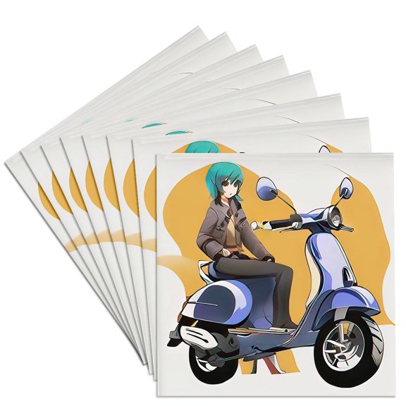 3drose, Cartoon Person Sits on a Blue Motor Scooter Stylish Digital Art Gift, Set of 8 Ceramic Tile Coasters