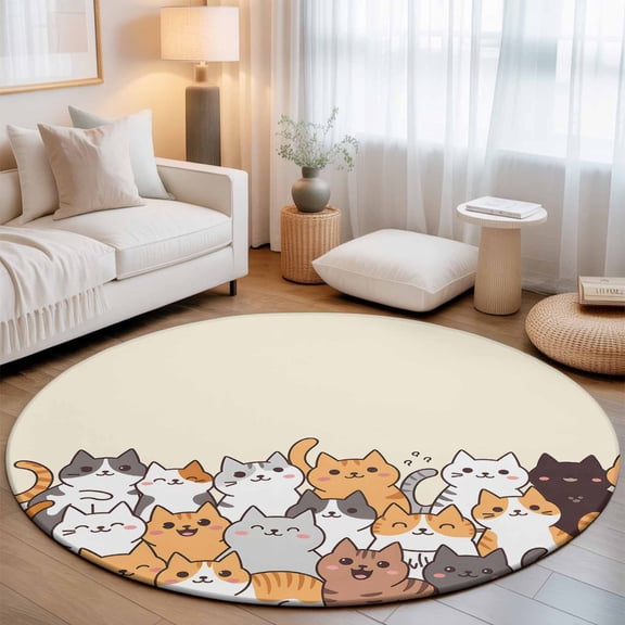 Cartoon Pet Cat Round Rug 5ft Funny Cute Kitty Washable Area Rugs for Living Room Bedroom Entryway Non Slip Entrance Door Mat Indoor Floor Carpet