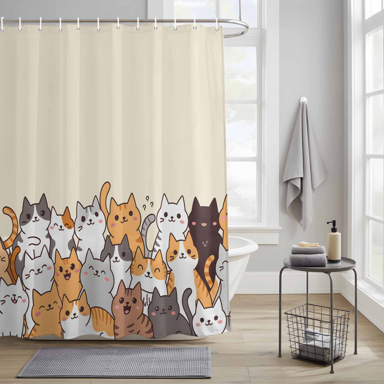 Cartoon Pet Cat Shower Curtain Set, Waterproof Shower Curtains With ...