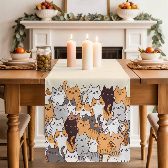 Cartoon Pet Cat Table Runner 70 Inches Long,Kitchen Dining Tablerunners Funny Cute Kitty Linen Table Runners Dresser Scarves for Home Dinner Wedding Holiday Party Decor