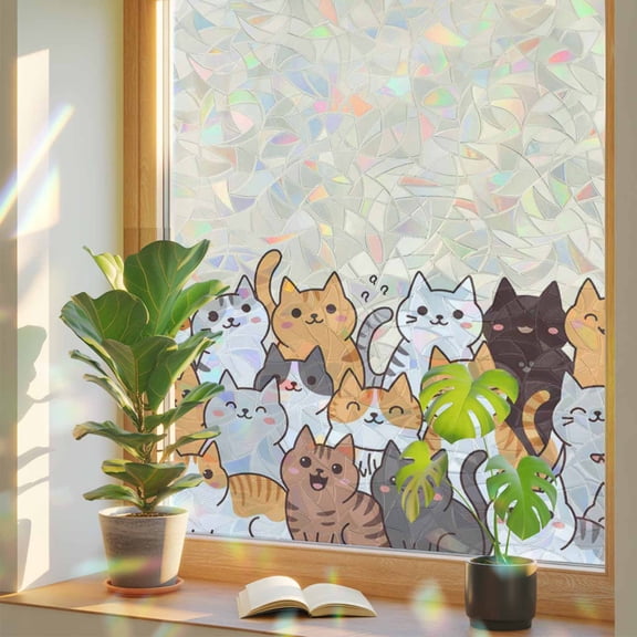 Cartoon Pet Cat Window Privacy Film, Rainbow Film Decorative Window Sticker 17.7x39.3in, Funny Cute Kitty Sun Blocking Static Stained Glass Cling Tint Non-Adhesive