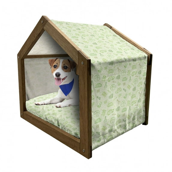 Cartoon Pet House, Cartoon Doodle Drawing Style Funny Toys Balls Cars Teddy Bear Crayon Pattern, Outdoor & Indoor Portable Dog Kennel with Pillow and Cover, 5 Sizes, Pale Green, by Ambesonne