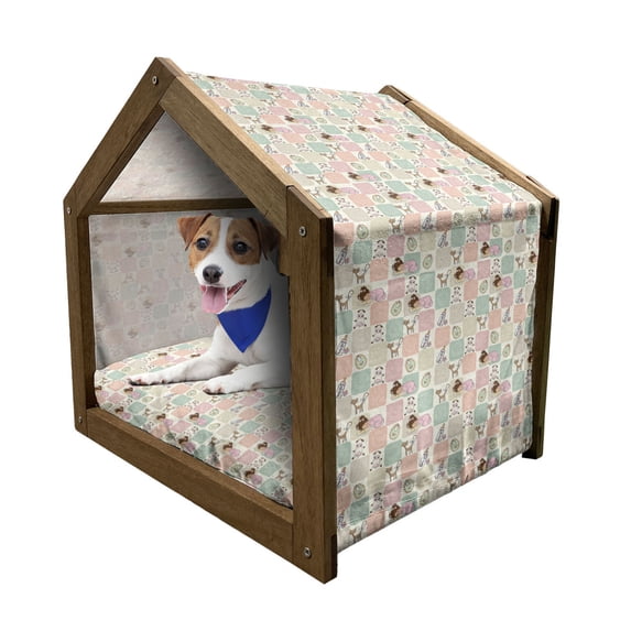 Cartoon Pet House, Square Checkered Pattern Cat Cow Sleeping Girl Ornamental Milk Bottle Drawing, Outdoor & Indoor Portable Dog Kennel with Pillow and Cover, 5 Sizes, Multicolor, by Ambesonne
