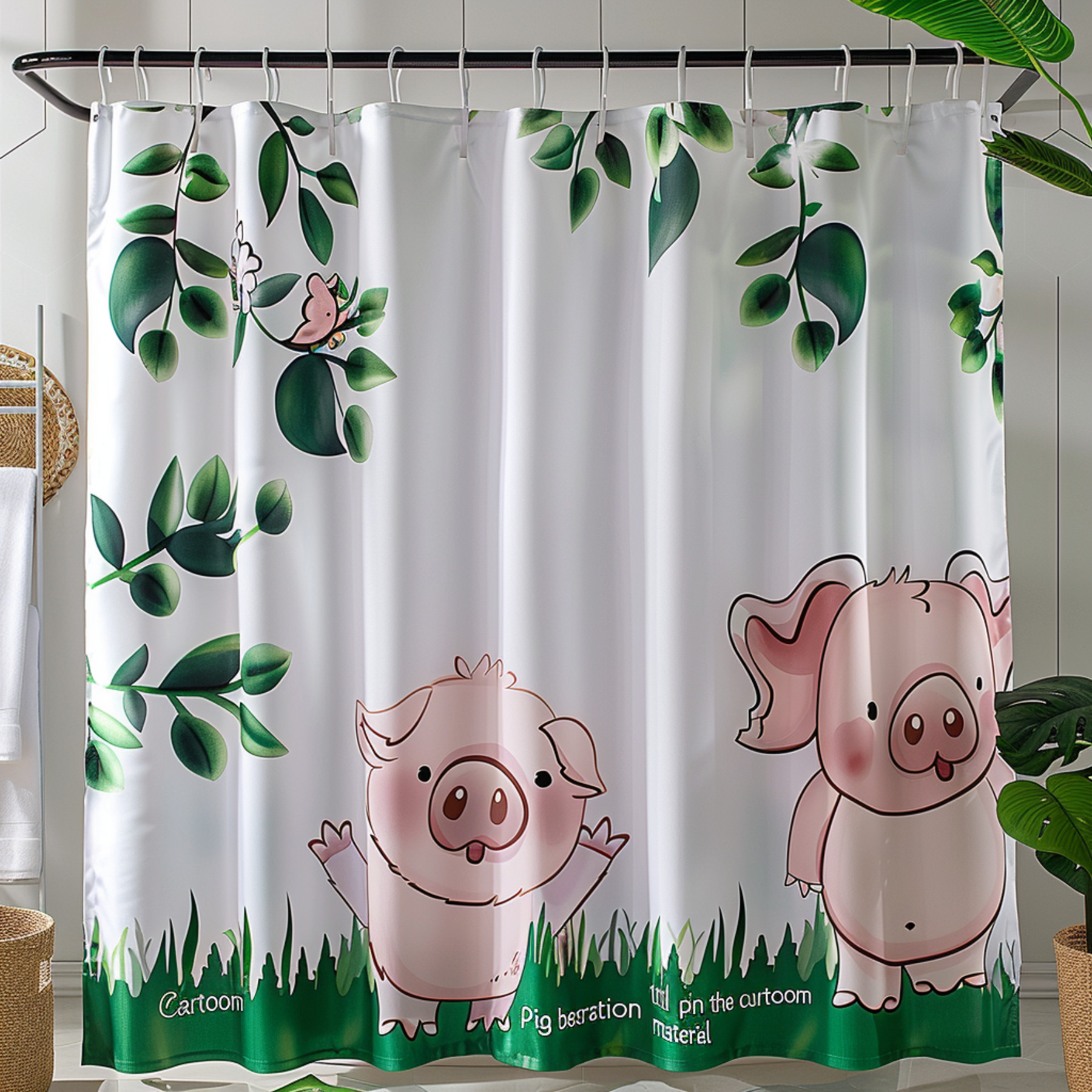 Cartoon Pig Bathroom Shower Curtain Set Green Plants White Fabric