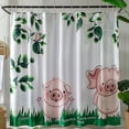 Cartoon Pig Bathroom Shower Curtain Set Green Plants White Fabric