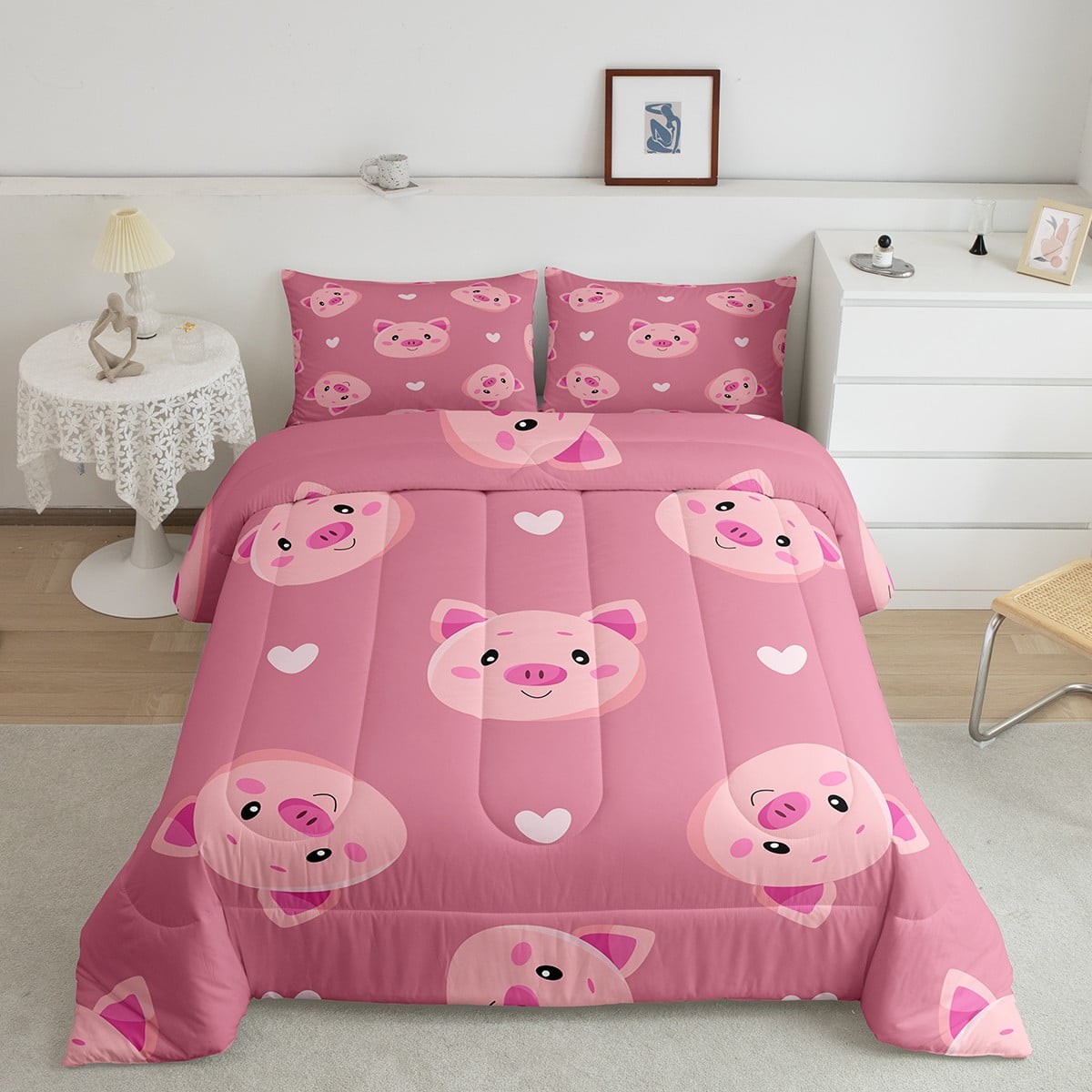 Cartoon Pig Bedding Set Twin Cute Animal Comforter Set, Girls Pink Pastel Duvet Insert Kawaii