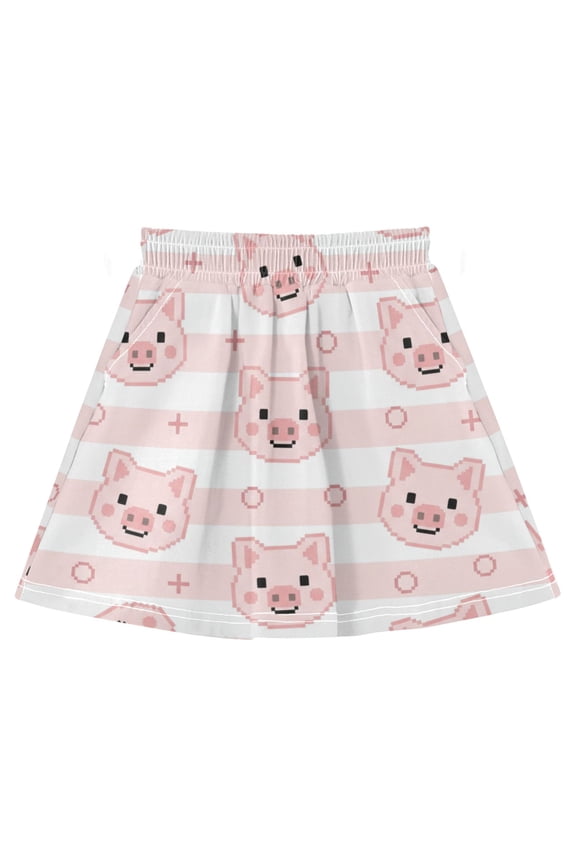 Cartoon Pig Cotton Skirt Built-in Liner Elastic A-Line Flared Skirt with Pockets