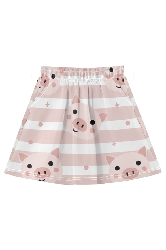 Cartoon Pig Cotton Skirt Built-in Liner Elastic A-Line Flared Skirt with Pockets