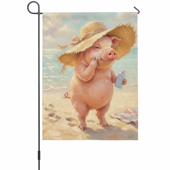 Cartoon Pig Garden Flag 12 x 18 Inches, Funny Farm Animals Summer Beach Sun Hat Sunscreen Weather Proof Outdoor Patio Flags Double Sided Small Garden Decoration for Yard Outside Home