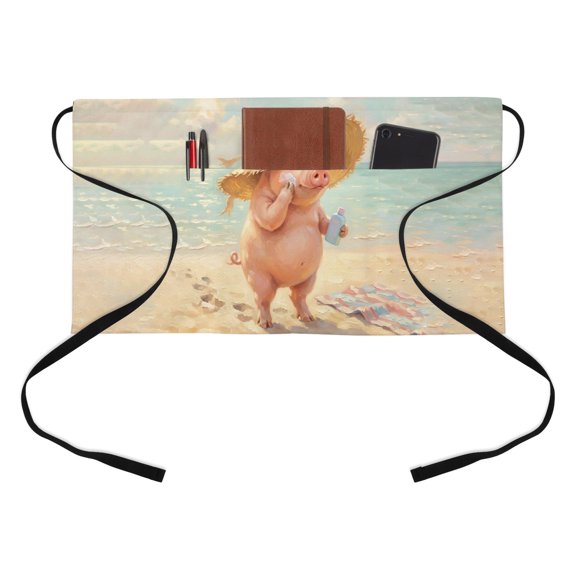 Cartoon Pig Half Waist Apron Funny Farm Animals Summer Beach Sun Hat Sunscreen Short Waiter Aprons with 3 Pockets for Women Men Kitchen Restaurant Cooking