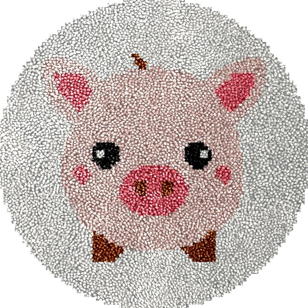 Cartoon Pig Latch Hook Round Rug Kits Set for Starter Crochet Handmade Hooking Cushion Mat Sofa Seat Cushion Crocheting Kits with Preprinted Canvas Crochet Yarn Kits 50X50CM (r95)