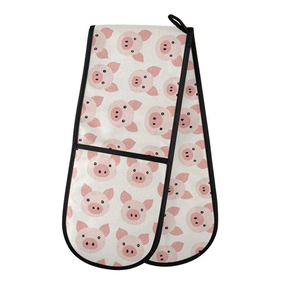 Cartoon Pig Pattern Double Oven Mitt 200C Quilted Cotton Lined Kitchen Pot Holder 35x7in