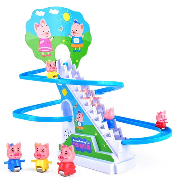 Cartoon Piggy Electric Rail Climbing Stairs Toy Light Music Ramp Racer Track Slide Toddler Kids Birthday Gift