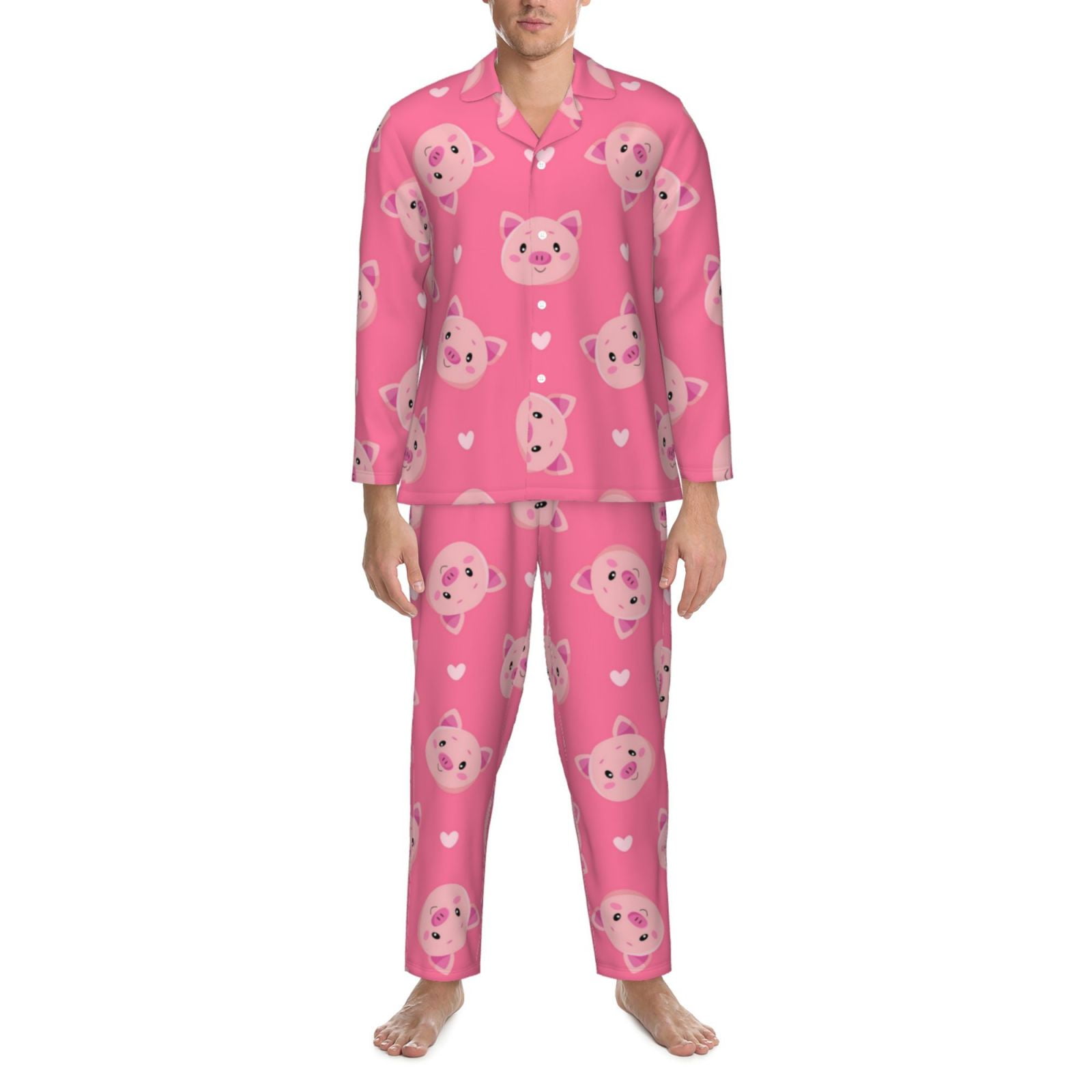 Cartoon Pigs and Hearts Mens Pajamas Set, Soft Men's Sleepwear Comfy