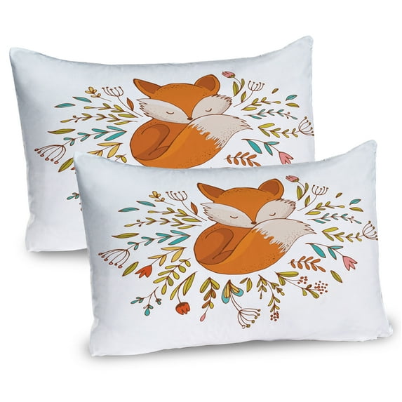 Cartoon Pillow Sham Set of 2, Fox Sleeping in a Floral Made Bed Circle Art Print, Quality Microfiber Bedding Item for All Seasons, 26" x 20", Dark Orange White, by Ambesonne