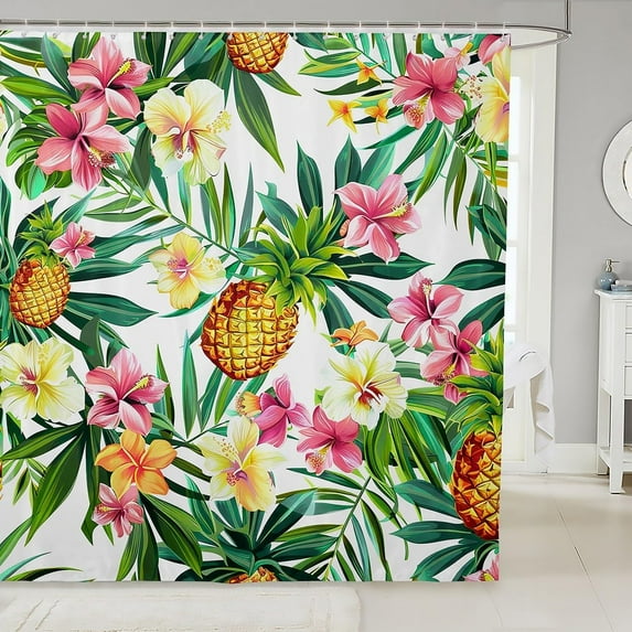 Cartoon Pineapple Bathroom Waterproof Accessories with 12 Hooks Tropical Flower Shower Curtain Kids Palm Leaf Flower Pineapple Fabric Shower Curtain Summer Fruit Style Curtains,72X84 Inches