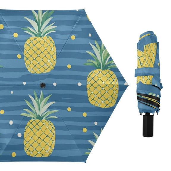 Cartoon Pineapple Polka Dots Stripes All Weather Umbrella Triple Folding Parasol 6 Ribs UV Protection Portable